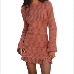 ANTHROPOLOGIE LONG SLEEVE KNIT MINI DRESS BOHO FRINGE STYLE MAUVE ORANGE SMALL